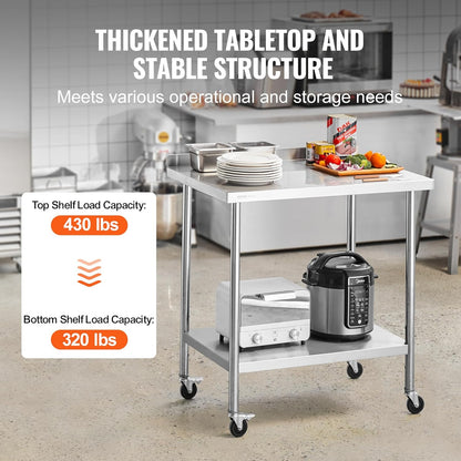 VEVOR Commercial Food Wheels, 24 x 36 x 40 cm, Heavy Duty Work Table, Metal Work Table with Adjustable Height for Restaurant, Home and Hotel, Silver, 61 x 90 x 100 cm