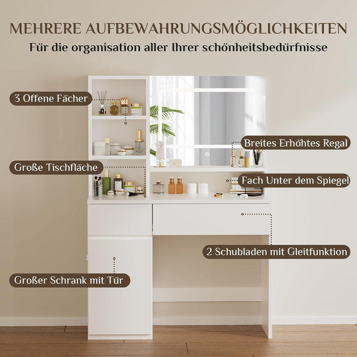 Devoko Makeup Table with Mirror, Adjustable LED Lights, Adjustable Shelves with 2 Drawers, Dressing Table, Modern White Wood Dressing Table - QUORE