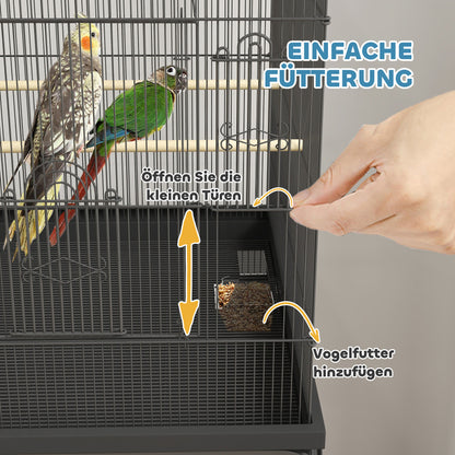 Vogelkooi – Parkietenkooi – Kanariekooi – Papegaaienkooi – Volière – Stalen Kooi – Wieltjes met Remmen – Uitneembare Lade 63x53x144 cm Zwart