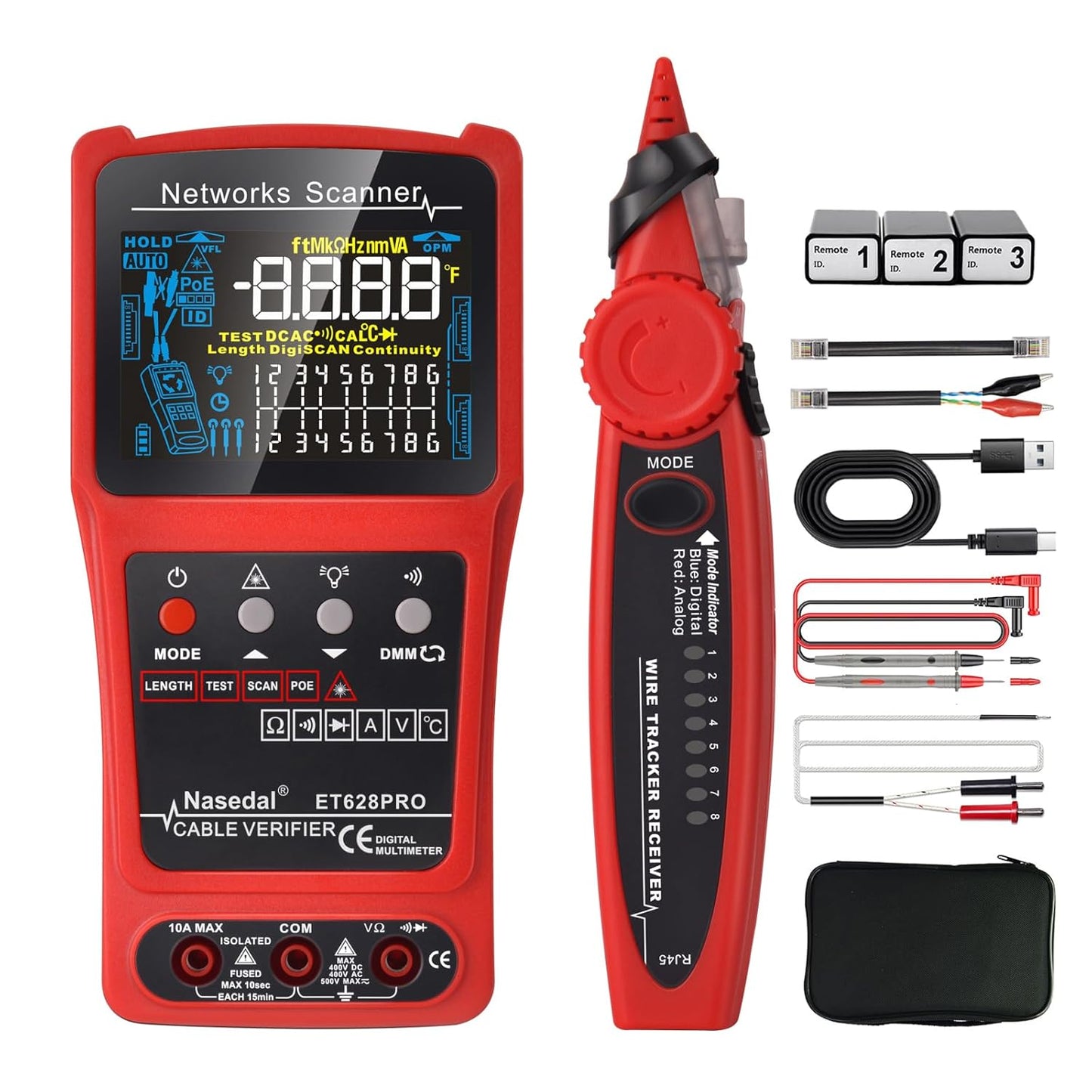 Netwerkkabeltester, draadtracker, geluidsgenerator, ethernet, tester, multimeter, VFL 3 in 1 RJ45, CAT5, CAT6, CAT7, CAT8, RJ11, klank, BNC tester, PoE-testkabel, lengte kabel