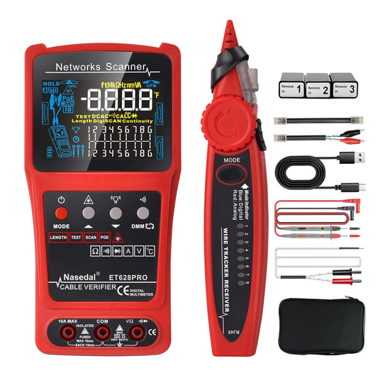 Netwerkkabeltester, draadtracker, geluidsgenerator, ethernet, tester, multimeter, VFL 3 in 1 RJ45, CAT5, CAT6, CAT7, CAT8, RJ11, klank, BNC tester, PoE-testkabel, lengte kabel