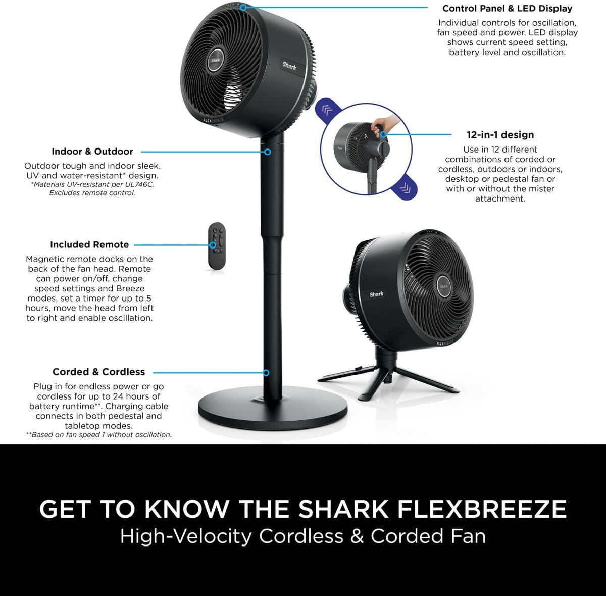 Shark FlexBreeze High-Velocity 12-in-1 ventilator, hybride bedrade en draadloze draagbare koelventilator, binnen en buiten, instelbare kanteling, krachtig en stil, met afstandsbediening en