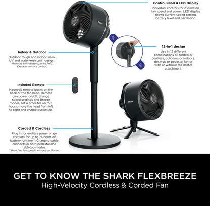 Shark FlexBreeze High-Velocity 12-in-1 ventilator, hybride bedrade en draadloze draagbare koelventilator, binnen en buiten, instelbare kanteling, krachtig en stil, met afstandsbediening en