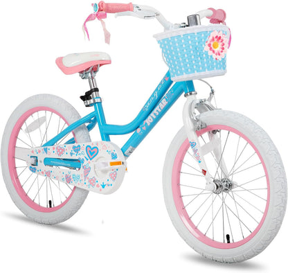 JOYSTAR 18 inch kinderfiets voor meisjes van 6 tot 9 jaar, 18 inch meisjesfiets met steunwielen en mand, blauw
