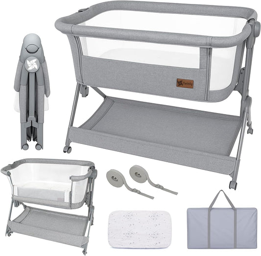 Comfortly 2-in-1 babybed en Mosesmand met wieltjes, inklapbaar, zonder montage, in hoogte verstelbaar en anti-terugstroomfunctie, incl. matras, laken van katoen en tas (grijs)