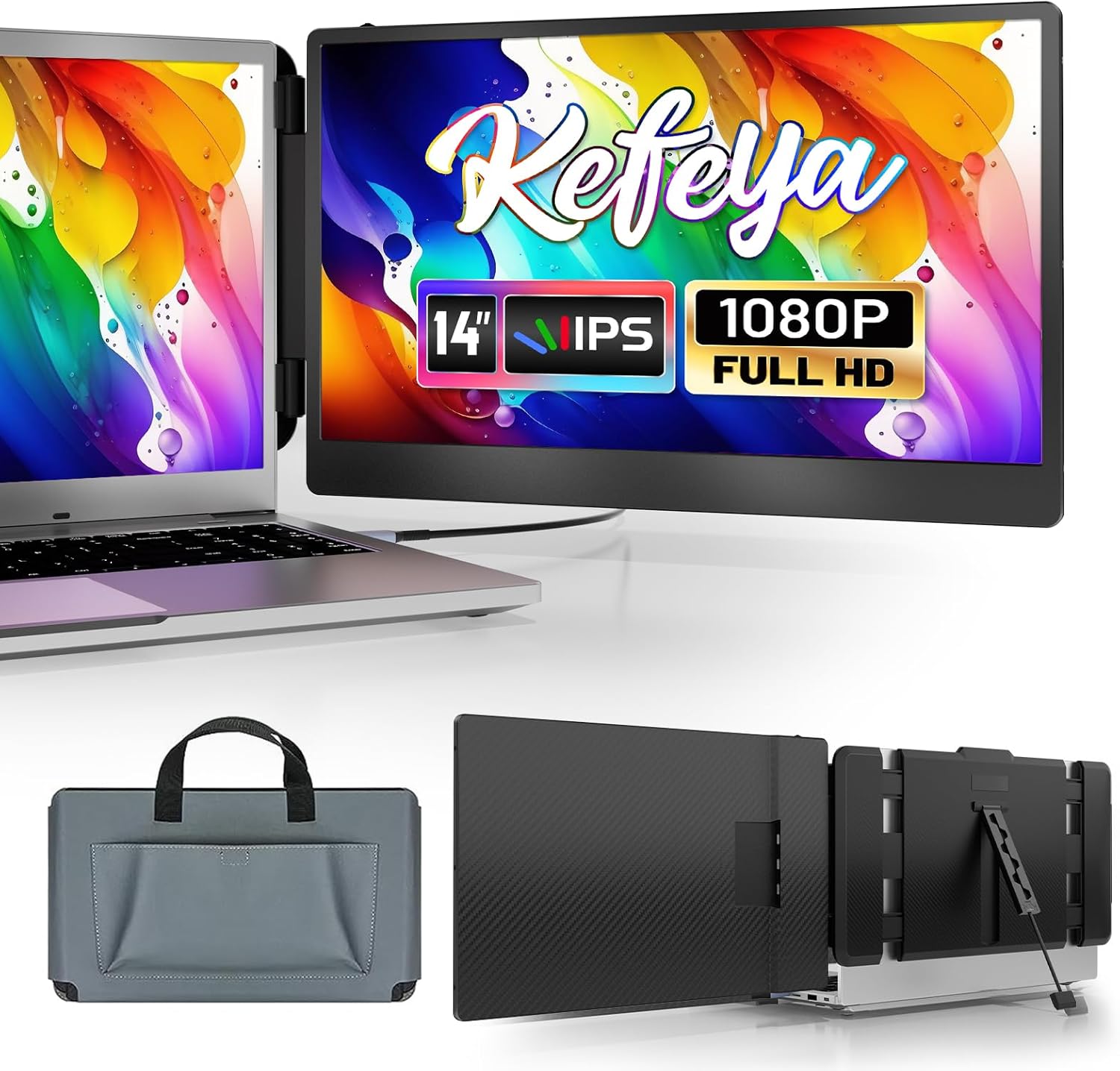 Laptop Scherm Extender – Draagbare Monitor – Extern Scherm – Tweede Beeldscherm – Schermvergroter – 14 Inch FHD IPS – 300 Nits Helderheid – Inclusief Beschermhoes - QUORE