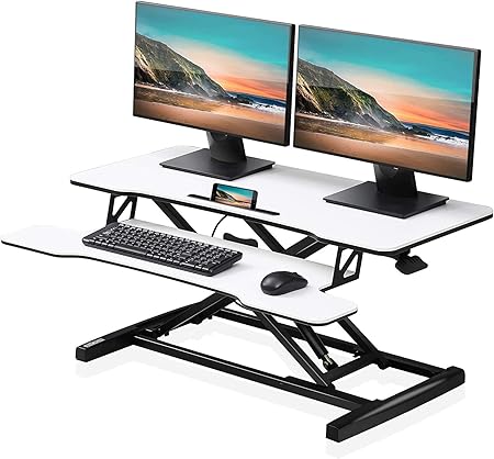 FITUEYES Standing Desk Height Adjustable Desk Converter with Keyboard Tray L91 x W40 x H (11-50.4)cm Suitable For PC Laptop Computer Screen, White - QUORE