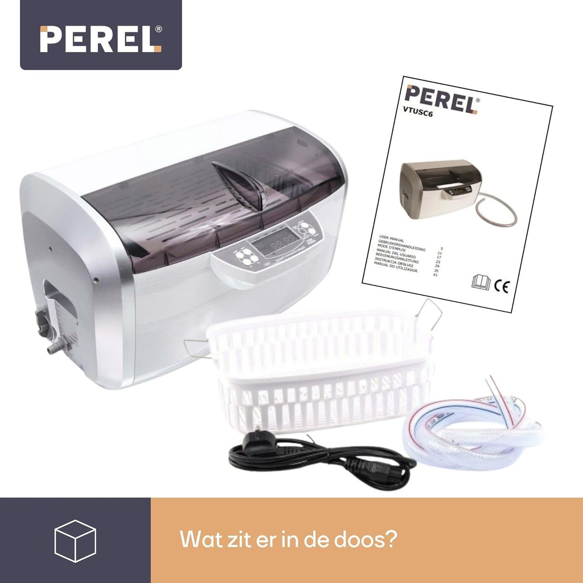 Perel Ultrasoon reiniger 6 L, ultrasonic cleaner 35 kHz, sieradenreiniger voor brillen horloges gebit munten sleutels, rvs tank, digitale timer en temperatuurregeling, aftapkraan, krasvrij, wit