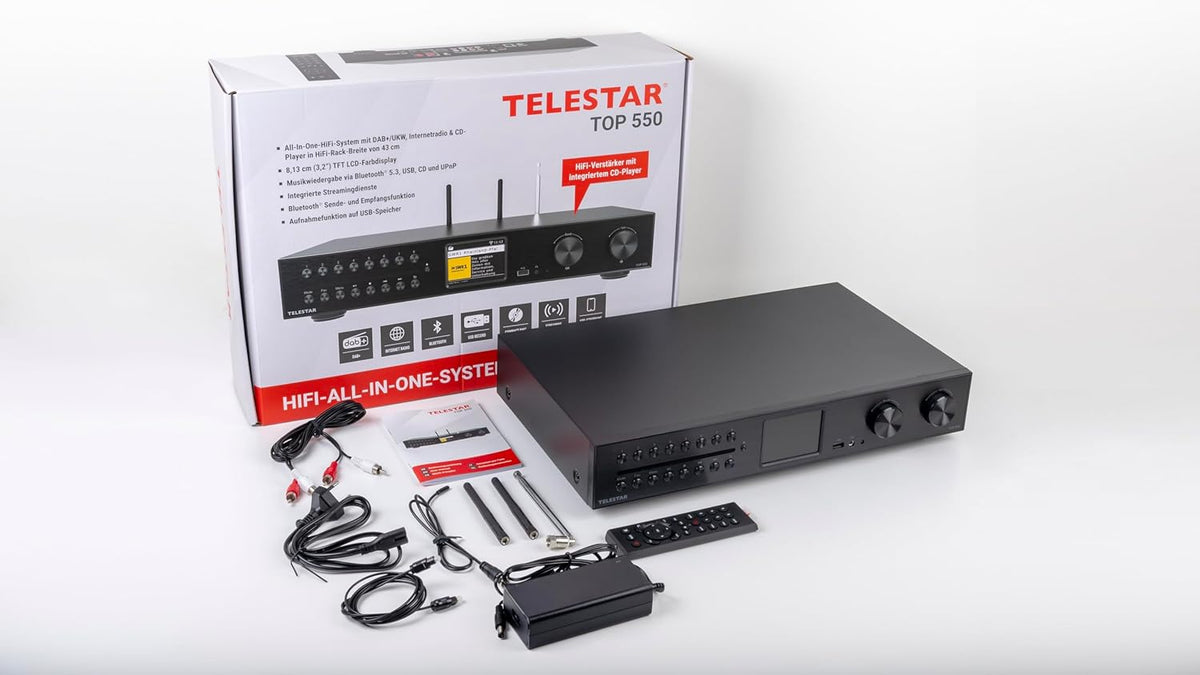 TELESTAR TOP 550 HiFi-systeem met versterker en cd-speler (43 cm breedte, 2 × 30 W, internetradio/DAB+, Bluetooth zend-/ontvangstfunctie, USB-opname, streamingdiensten) - zwart