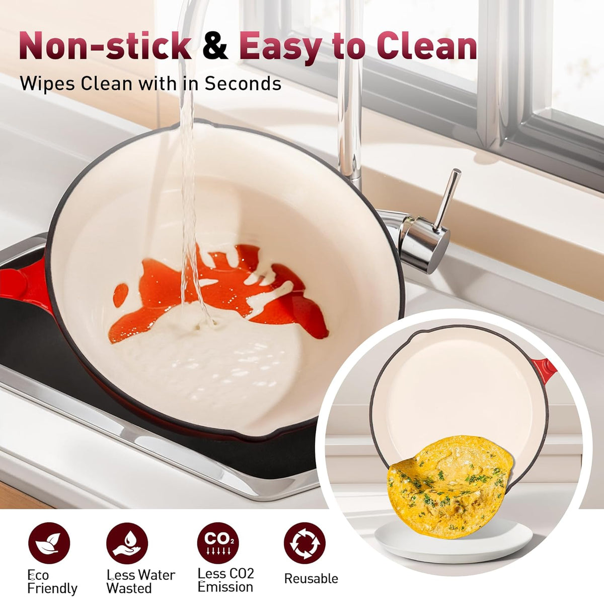 Kitchen Academy, Cast Iron Pan, 7-Piece Set with Dutch Ovens, Enameled Cast Iron Cookware, Sauce Pan, Pan, 3 Lids, Dutch Oven Set, Pans and Pan Set, Non-Stick Coating, Red - QUORE