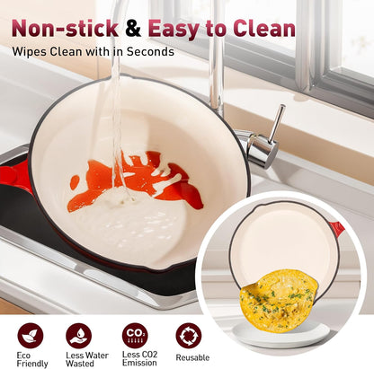 Kitchen Academy, Cast Iron Pan, 7-Piece Set with Dutch Ovens, Enameled Cast Iron Cookware, Sauce Pan, Pan, 3 Lids, Dutch Oven Set, Pans and Pan Set, Non-Stick Coating, Red - QUORE