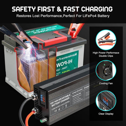 LiFePO4 Oplader met traploze regeling, intelligente 12V 50A acculader met activering van de lithiumbatterij voor auto, vrachtwagen, motorfiets, grasmaaier, boot, marine, lithiumbatterijen