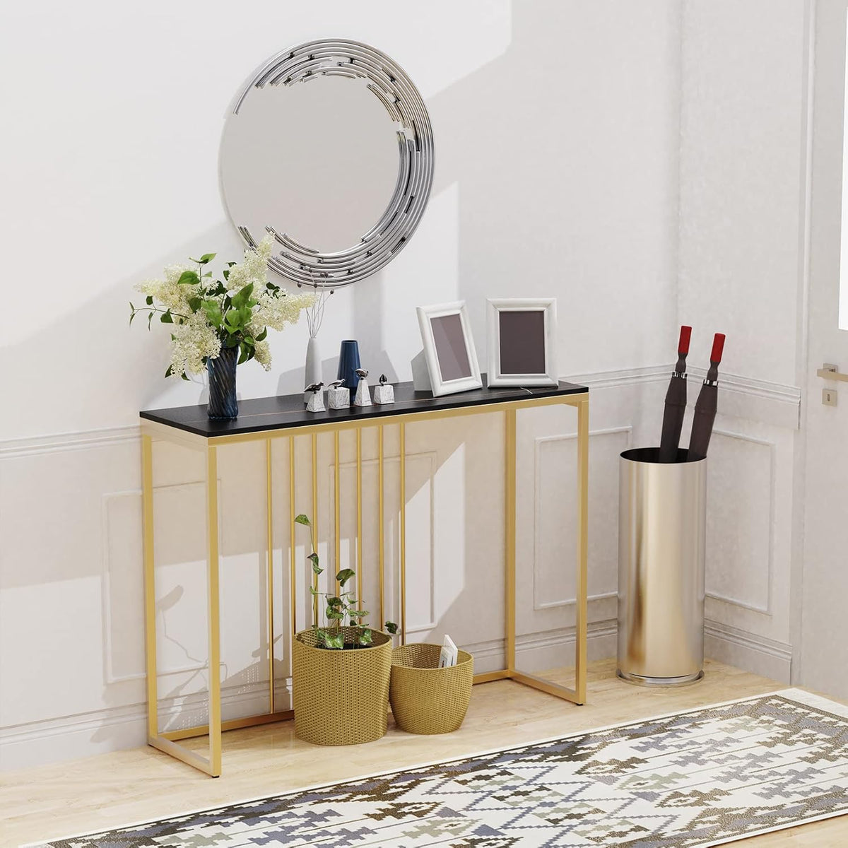 FATIVO Consoletafel voor entree, marmer, Scandinavische consoletafel, zwart, halmeubel, zetelpunt, goudkleurig, haltafel, voor hal, woonkamer, 100 x 30 x 78,5 cm