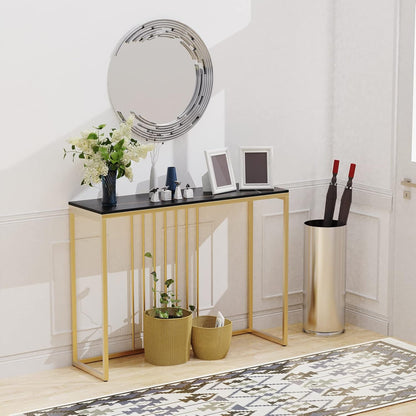 FATIVO Consoletafel voor entree, marmer, Scandinavische consoletafel, zwart, halmeubel, zetelpunt, goudkleurig, haltafel, voor hal, woonkamer, 100 x 30 x 78,5 cm
