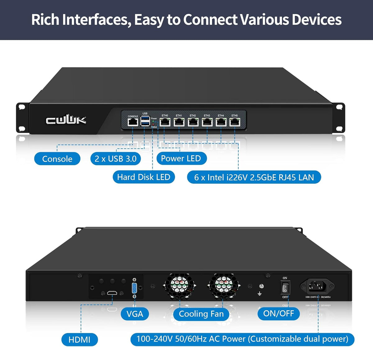 1U N100 Firewall Appliance Rackmount, 19" Rack Firewall hardware met 6 poorten i226-V 2,5 GbE LAN, U1 OPNsense Homelab Server DDR5 8 GB RAM 128 GB SSD, HD + VGA 2-display, AES-NI