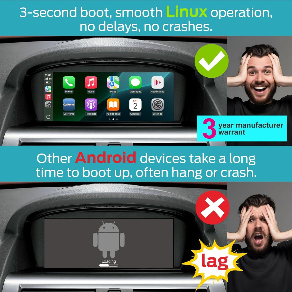 Linux-autoradio met IPS-scherm touchscreen voor BMW CCC-systeem (2003-2009): 3-serie E90/E91/E92/E93, 5-serie E60/E61, 6-serie E63/E64, Wireless CarPlay/Android Auto, AM/FM RDS-radio, DSP, Bluetooth