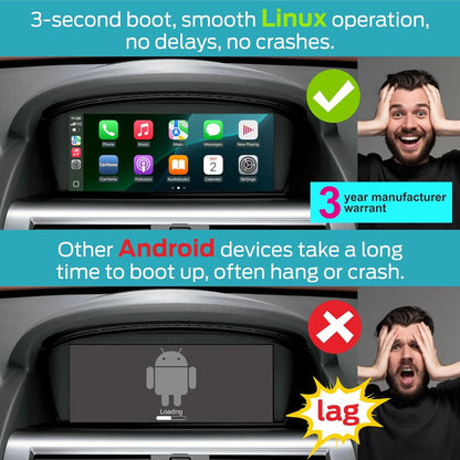Linux-autoradio met IPS-scherm touchscreen voor BMW CCC-systeem (2003-2009): 3-serie E90/E91/E92/E93, 5-serie E60/E61, 6-serie E63/E64, Wireless CarPlay/Android Auto, AM/FM RDS-radio, DSP, Bluetooth