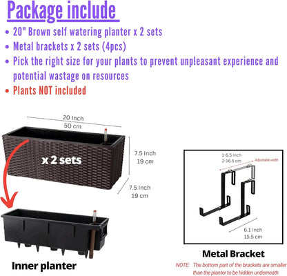 LaLaGreen Outdoor Rail Planter for Balcony (2 Pieces, 50 cm) Large Black Self-Watering Railing Planters with Brackets, Rectangular Plastic Window Flower Box Fence Designer Choice with Rattan Pattern - QUORE