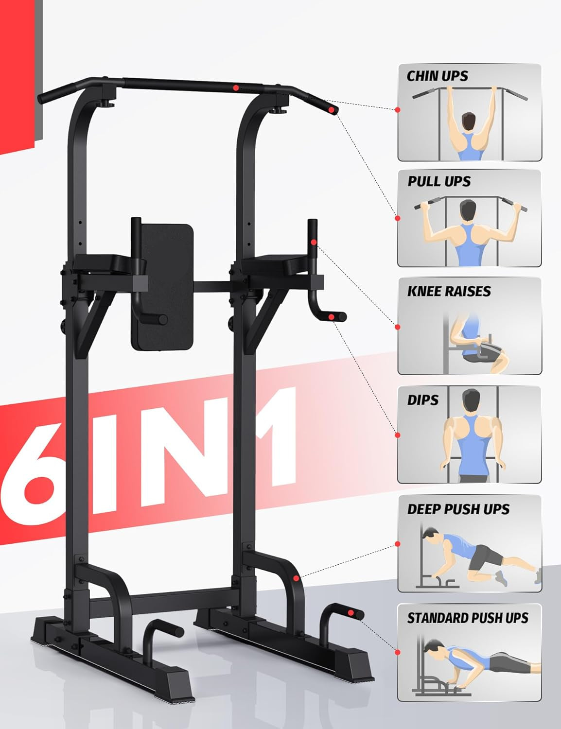 Pull Up Station - Dip Station - Dip Bars - Multifunctioneel - Instelbaar - Power Tower Fitness Station - Pull Up Bars - voor Huis - Gym -Krachttraining Apparatuur - 68.4 x 100 x  218 cm - Zwart