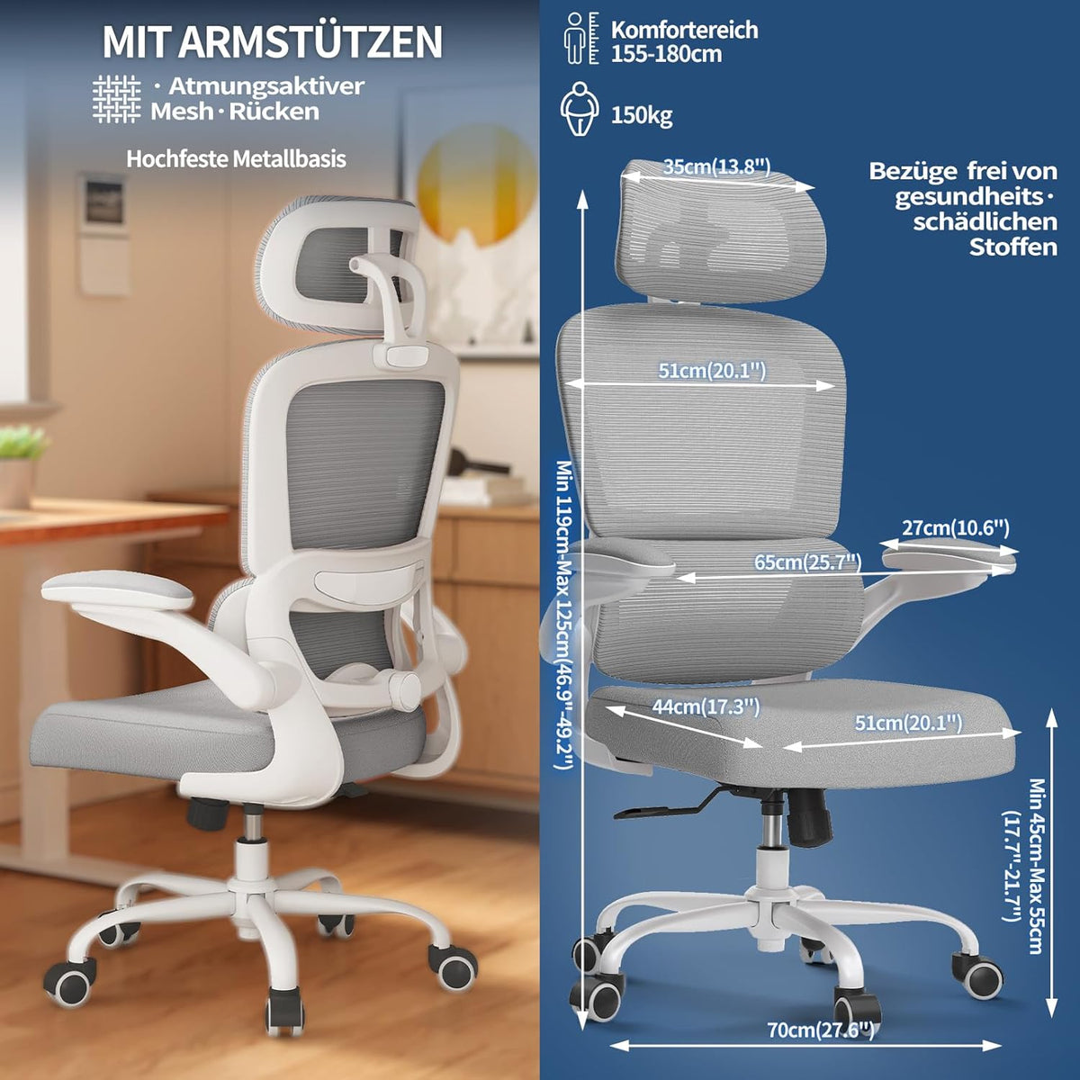 Bureaustoel – Ergonomische Stoel – Gamingstoel – Kantoorstoel – Computerstoel – Verstelbare Lendensteun & Hoofdsteun – Draaggewicht Tot 150 Kg – Geschikt Voor Grote Mensen – Grijs