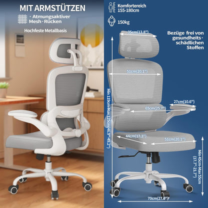 Bureaustoel – Ergonomische Stoel – Gamingstoel – Kantoorstoel – Computerstoel – Verstelbare Lendensteun & Hoofdsteun – Draaggewicht Tot 150 Kg – Geschikt Voor Grote Mensen – Grijs