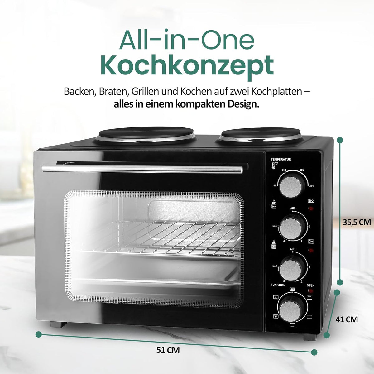 EMERIO MO-125236.4 Oven met 32 liter + 2 kookplaten | hete lucht + boven-/onderwarmte | timer + temperatuurregelaar | incl. bakplaat & grillrooster | compacte tafeloven voor pizza, broodjes