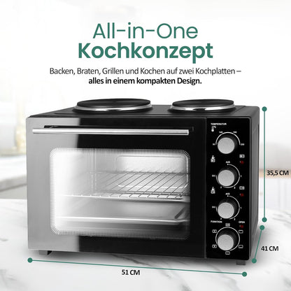 EMERIO MO-125236.4 Oven met 32 liter + 2 kookplaten | hete lucht + boven-/onderwarmte | timer + temperatuurregelaar | incl. bakplaat & grillrooster | compacte tafeloven voor pizza, broodjes