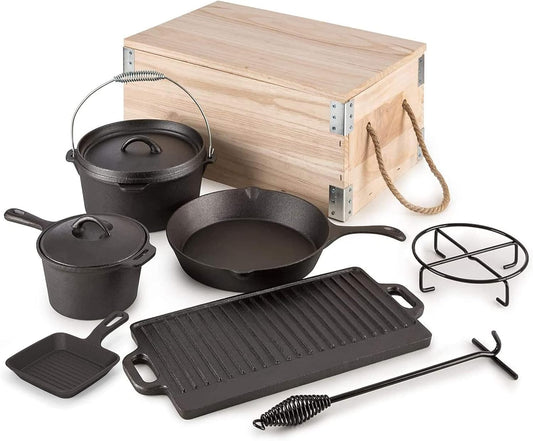 8 Piece Pre-Seasoned Dutch Oven Cooking Set Cast Iron Camping Kitchen Cookware Bakeware Frying Pans & Square Grill Pan w/ Vintage Carry Wooden Box for Ourdoor Home BBQ Baking - QUORE