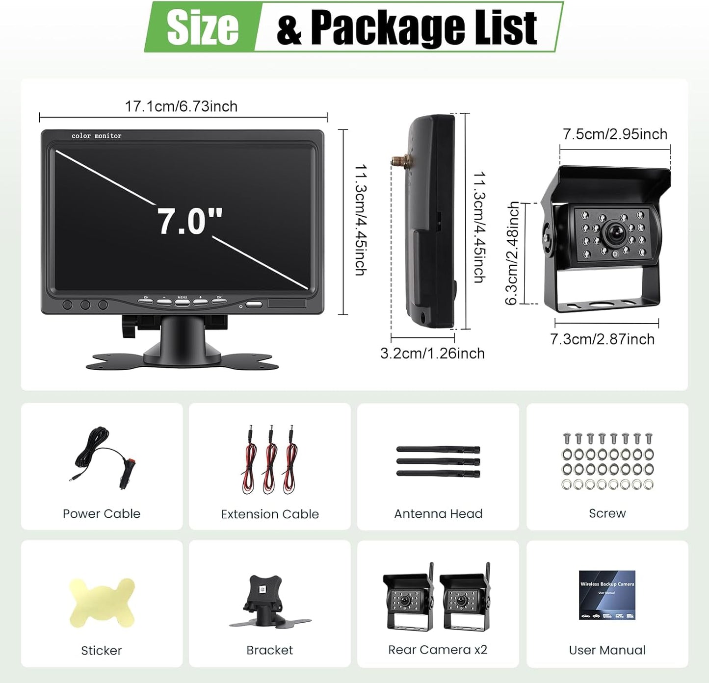 1080P HD draadloze achteruitrijcameraset, 7 inch lcd-monitor met 2 achteruitrijcamera's voor aanhanger, camper, vrachtwagen, auto, bus, doe-het-zelf geleidingslijnen, IP68 waterdicht