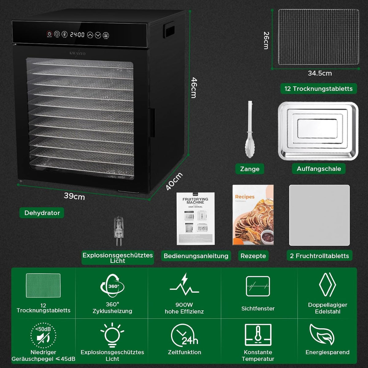 Kwasyo LT-09 Voedseldroger van roestvrij staal, 12 etages, volledig zwart, temperatuurregeling van 30-90 °C, timer 24 uur, receptenboekje voor vlees, groenten, groenten, kruiden, 900 W