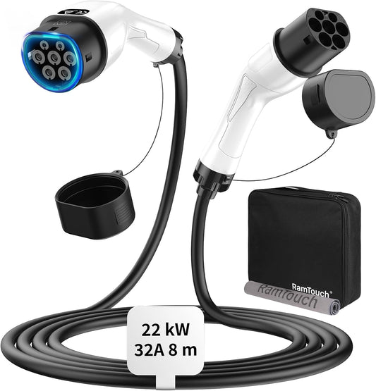 Type 2 Laadkabel (22 kW, 8 m, 32A, 3-fase, Mode 3) – Type 2 naar Type 2 EV-laadkabel, voor wallboxen en laadstations, compatibel met alle elektrische voertuigen en plug-in hybrides