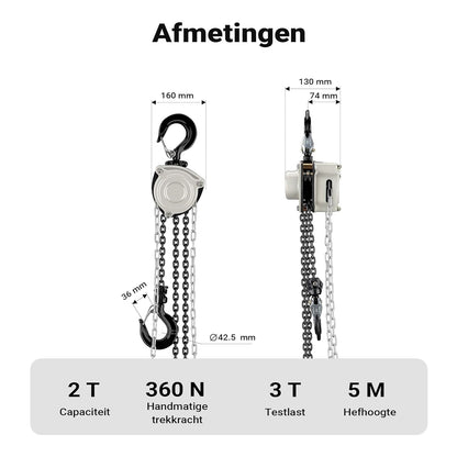 Wiltec handmatige kettingtakel 2 ton x 5 meter V21, krachtige hijstakel voor het hijsen van lasten, compacte takel met 2 haken voor zware objecten