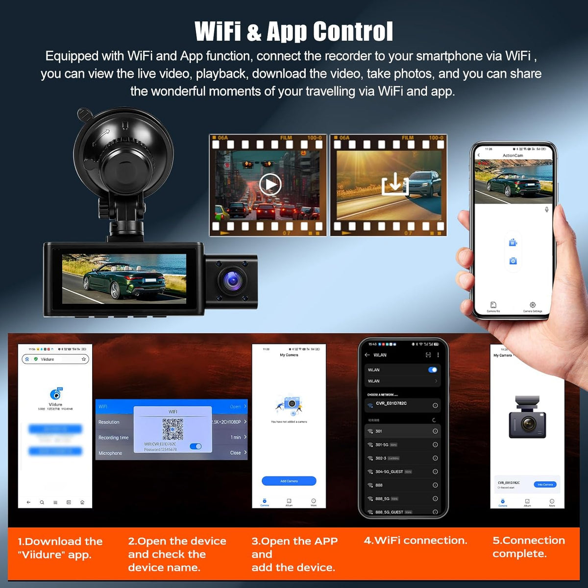 Dashcam Auto – Autocamera – Rijrecorder – Dashcam Set – Achteruitrijcamera – 3-Kanaals met 2,5K Frontcamera, 1080p Interne Camera & 1080p Achtercamera – 3,16 Inch Touchscreen, G-Sensor & App-Bediening