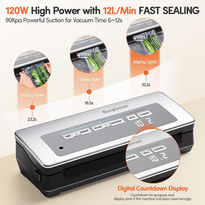 Vacuümmachine, 90 kPa 100 W, krachtige brede afdichting, voedselopslag, ingebouwde snijder, zakopslag, digitaal countdown-display, 2 rollen zakken (zilver)