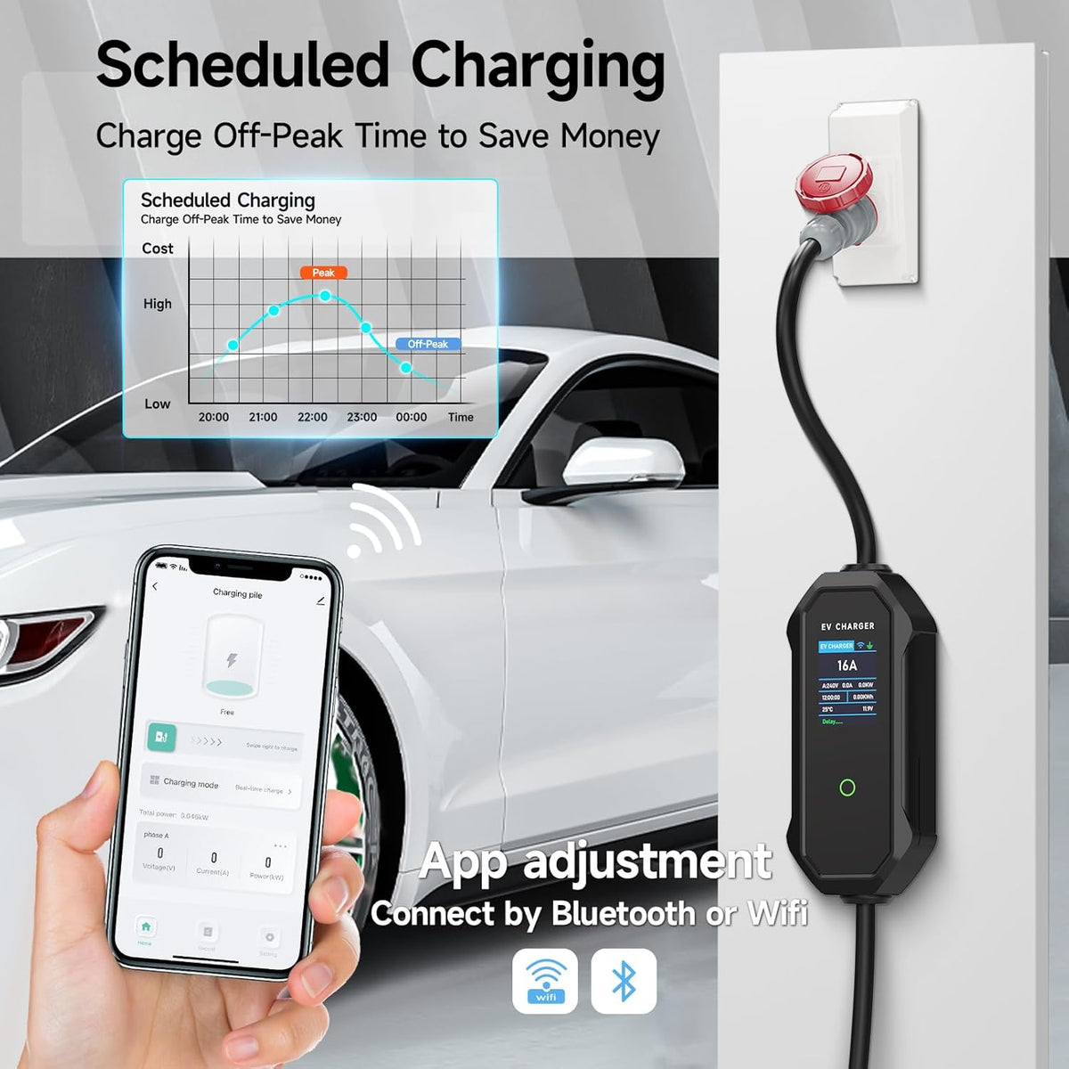 EV Oplader CEE 11kW, 3-Fase, 6m, 8-16A dé EV-lader Type 2, Mobiel Laadstation/Wallbox Laadkabel Type 2 met Digitale LCD bediening voor ID.5, Model Y/3, e-up, e-tron, en andere EV