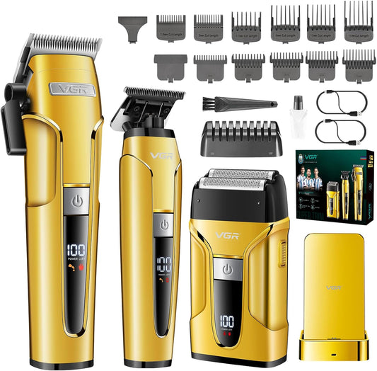VGR 694 Professionele Tondeuseset, Draadloze Tondeuse voor Mannen, Trimmer en Scheerapparaatset met Magnetisch Laadstation, Kappersset met Keramisch Koolstofstalen Mes en LED Display, Goud