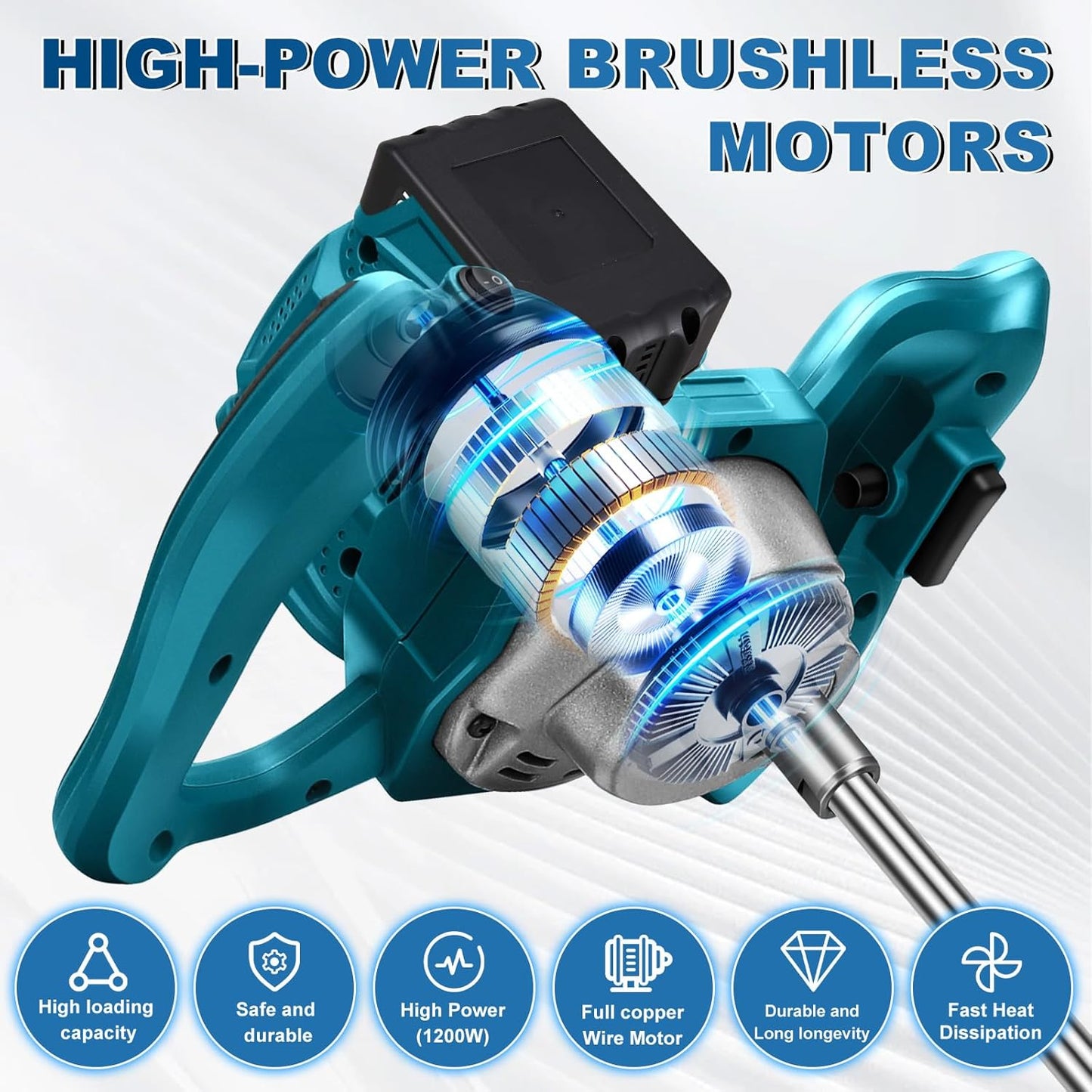 Accu-kleurmortelmixer met 2 batterijen, kleurmortelmixer, 1200 W roerwerk, 6 versnellingen, cementmixer, vergrendelbare schakelaar, ergonomisch, industriële mixer voor verf, gips, cement, mortel