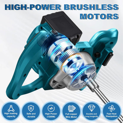 Accu-kleurmortelmixer met 2 batterijen, kleurmortelmixer, 1200 W roerwerk, 6 versnellingen, cementmixer, vergrendelbare schakelaar, ergonomisch, industriële mixer voor verf, gips, cement, mortel