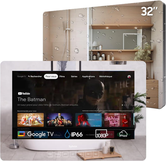 SYLVOX Smart Mirror Badkamertelevisie, badkamerspiegel, tv, 32 inch FHD, IP66 waterdicht, 12 V, Google TV 1080P, 60Hz, mobiele telefoon op tv, wifi en bluetooth, smart tv voor hotel, gym, sauna