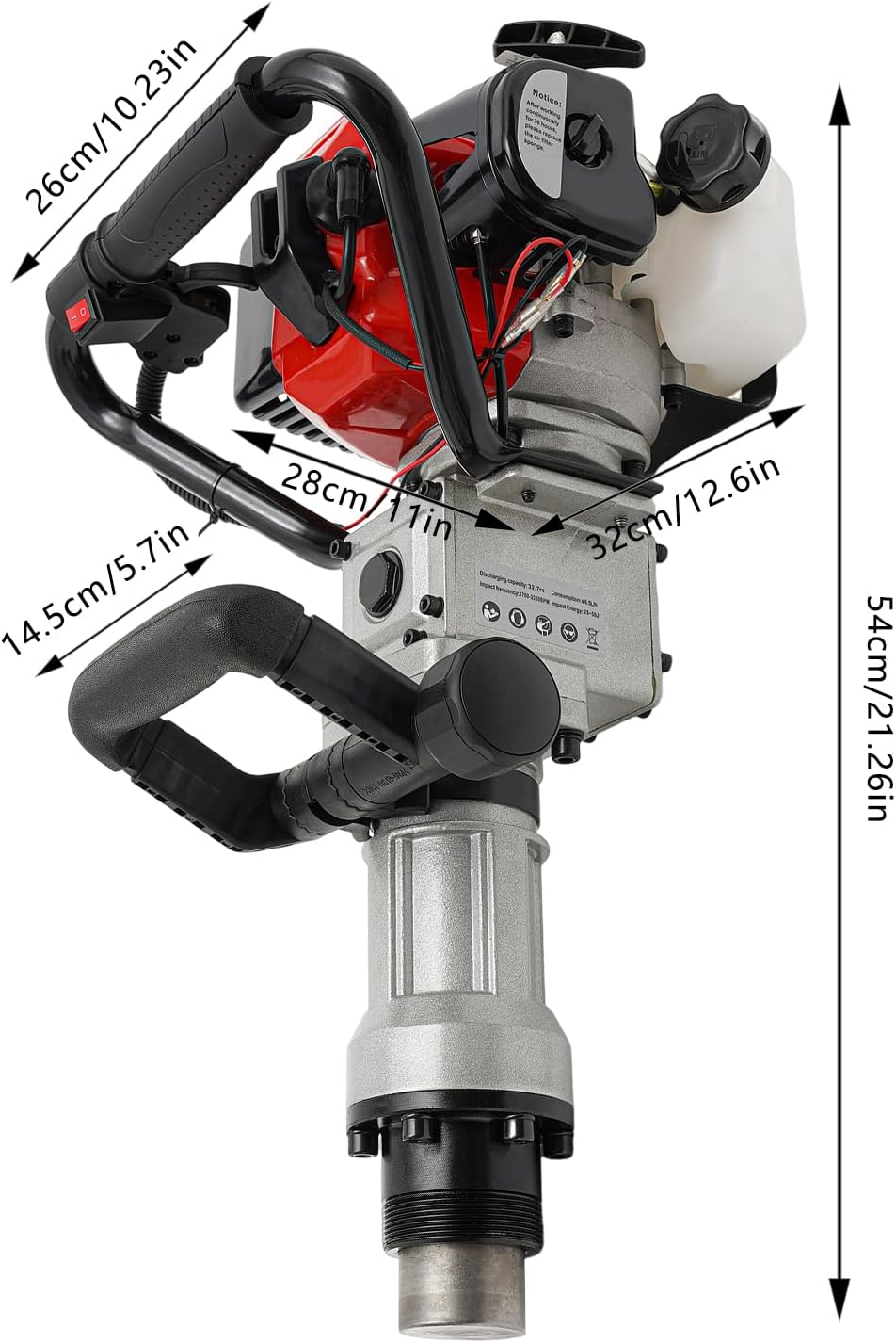OUKANING 2-in-1 Petrol Ramper with Adapter Head, 32.7 cc Engine, 25-50J Impact Force, 1700-2230 BPM, with 2 55 mm/70 mm Sleeves and Accessories for Horticulture, Fencing, Agriculture - QUORE