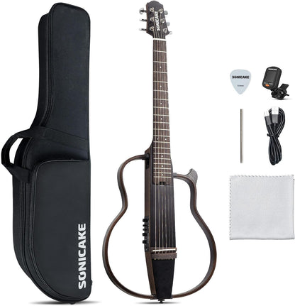 SONICAKE QGT-01 Elektrische akoestische gitaar, draagbare behuizing van massief mahonie, eenvoudig te monteren frame, multi-corpus vorm, sim-preamp, Gigbag en accessoires