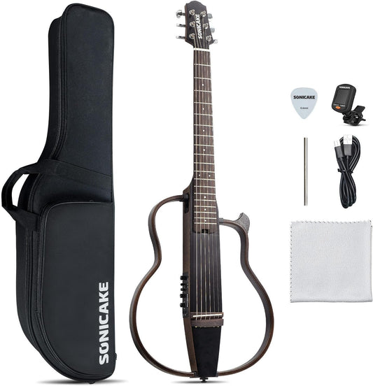SONICAKE QGT-01 Elektrische akoestische gitaar, draagbare behuizing van massief mahonie, eenvoudig te monteren frame, multi-corpus vorm, sim-preamp, Gigbag en accessoires