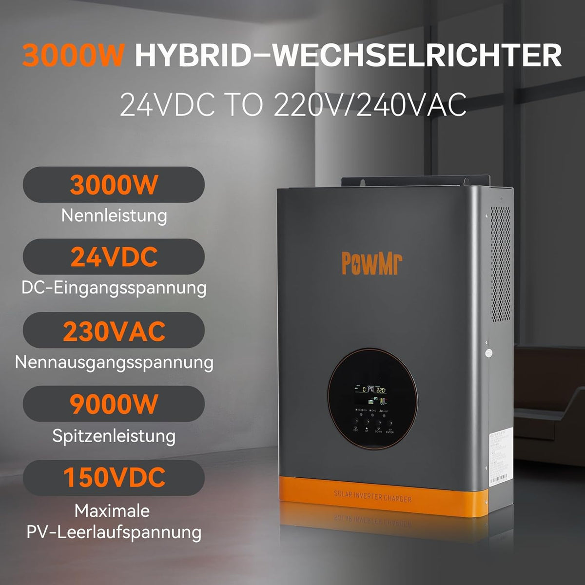 PowMr 3000W Solar Inverter, 3kW Off-Grid Hybrid Inverter, 24V DC to 220V AC, Built-in 60A MPPT Charge Controller, 9000W Peak Power for Lead Acid an