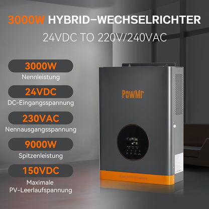 PowMr 3000W Solar Inverter, 3kW Off-Grid Hybrid Inverter, 24V DC to 220V AC, Built-in 60A MPPT Charge Controller, 9000W Peak Power for Lead Acid an