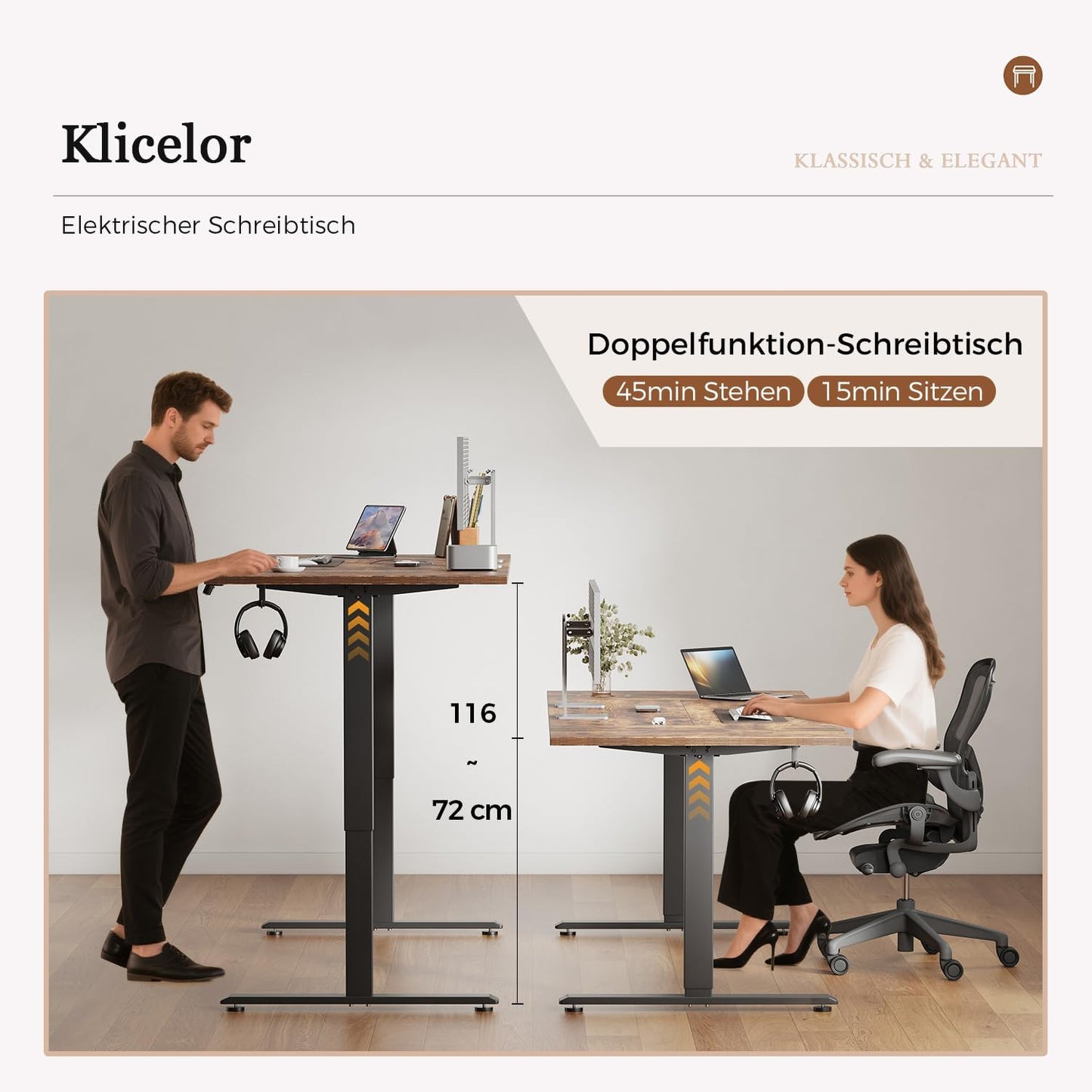 Klicelor elektrisch in hoogte verstelbaar bureau, 160 x 80 cm zit-sta bureaumeubel, computertafel met geheugenfunctie, sta-bureau, gametafel met vierdelig blad, Bruin