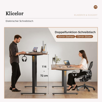 Klicelor elektrisch in hoogte verstelbaar bureau, 160 x 80 cm zit-sta bureaumeubel, computertafel met geheugenfunctie, sta-bureau, gametafel met vierdelig blad, Bruin