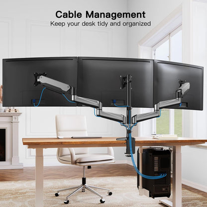 HUANUO Drievoudige Monitor Standaard voor 13-32 Inch Gebogen Flatscreens, In Hoogte Verstelbare Monitorarm met Kolom, Full Motion Gasveer Monitorsteun, Gewichtscapaciteit 8kg Per Arm