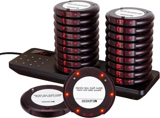Draadloos Oproepsysteem – Pagers – Belmeesysteem – Restaurantoproepsysteem – Wachtrijbeheersysteem – 20 Pagers – 500 Meter Bereik – 20 Uur Accuduur - QUORE