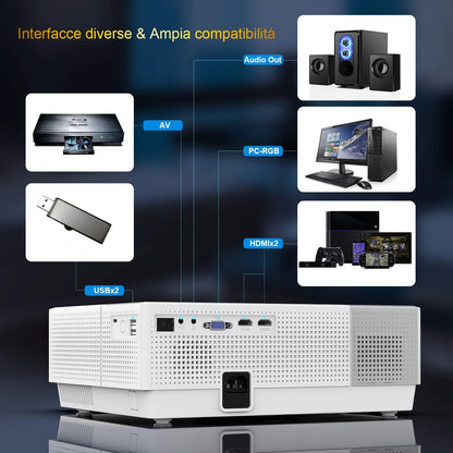 YABER Projector, 7200 lumen projector 1080p native (1920 x 1080) ± 50° trapeziumcorrectie led full HD 350 inch thuisprojector voor iPhone, smartphone, pc, tvbox, laptop, PS4