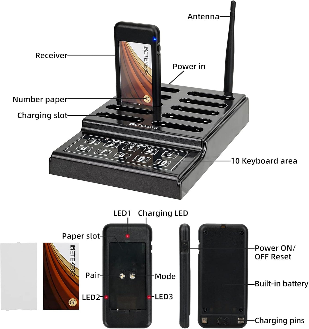 Retekess TD174 Oproepsysteem Pager, Pager Systeem, 300M, 3 Belmodi, Oplaadindicator, Pieper, Semafoonsysteem voor Restaurant, Hotel, Bars